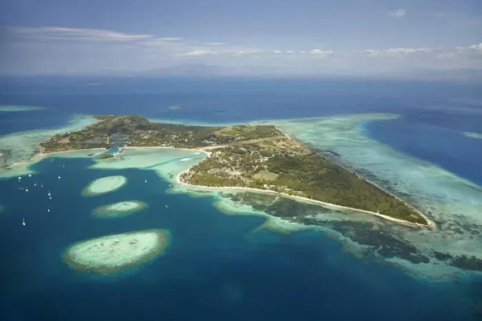 Framed Print : Coral reef and Malolo Lailai Island, Mamanuca Islands, Fiji, South Pacific - aerial