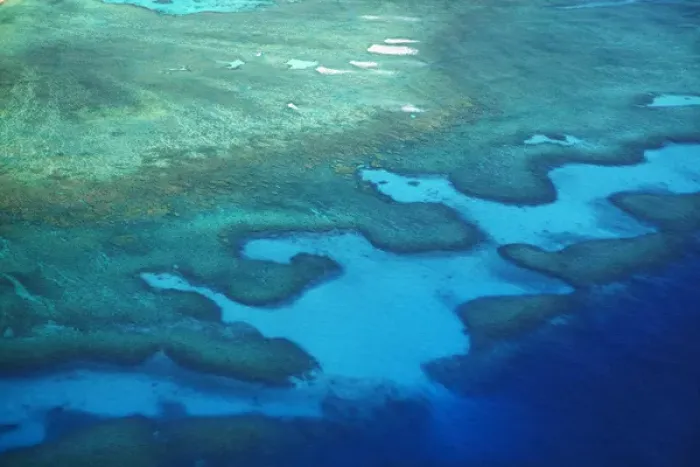 Framed Print : Coral reef near Monuriki Island, Mamanuca Islands, Fiji, South Pacific - aerial