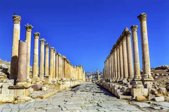 Framed Print : Corinthian Columns Ancient Roman Road City Jerash Jordan. Jerash came to power 300 BC to 100 AD Framed Print : Corinthian Columns Ancient Roman Road City Jerash Jordan. Jerash came to power 300 BC to 100 AD