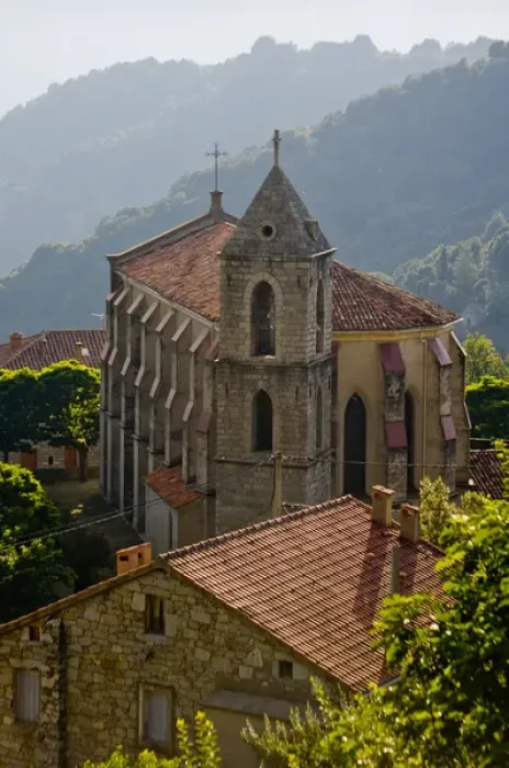 Framed Print : Corsica. France. Europe. Church & house in mountain village of Zicavo above gorge of Molina River Framed Print : Corsica. France. Europe. Church & house in mountain village of Zicavo above gorge of Molina River