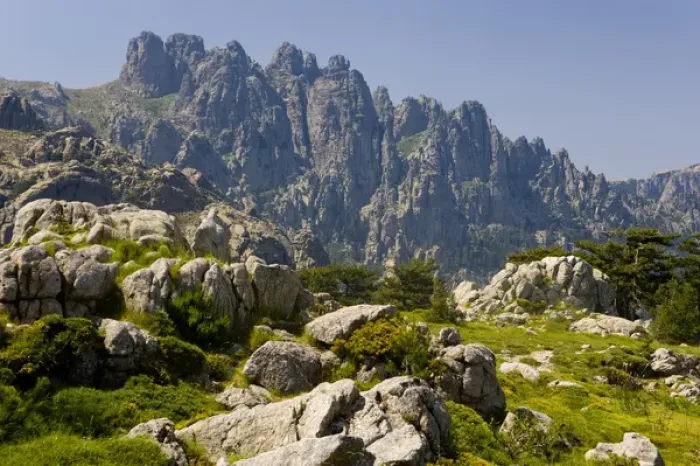 Framed Print : Corsica. France. Europe. Granite boulders, gorse in bloom, and pinnacles of Aiguilles de Bavella