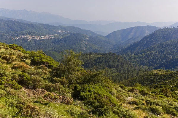 Corsica. France. Europe. View of Chiuvone River valley from Col de la Vaccia