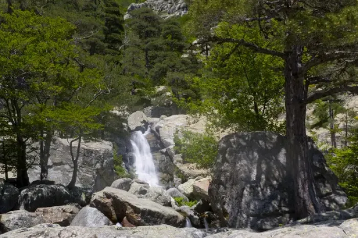 Framed Print : Corsica. France. Europe. Waterfall at Cascades des Anglais. Along the GR20 trail (aka
