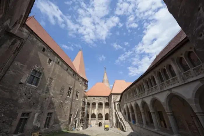 Framed Print : Corvins Castle (Corvinesti or Hunedorestilor) courtyard in Romania Europe, Eastern Europe