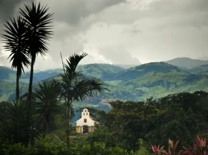 Framed Print : Costa Rica, Los Angeles Cloud Forest Reserve, Mariana Wedding Chapel at Dusk, Horizontal