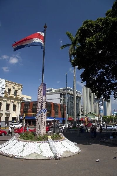 Costa Rican flag displayed at Parque Central in the city of San Jose, Costa Rica