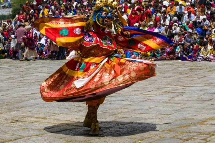 Framed Print : Costumed dancers at religious festivity with many visitors, Paro Tsechu, Bhutan