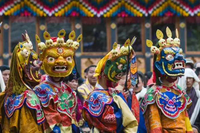 Framed Print : Costumed dancers at religious festivity with many visitors, Paro Tsechu, Bhutan Framed Print : Costumed dancers at religious festivity with many visitors, Paro Tsechu, Bhutan