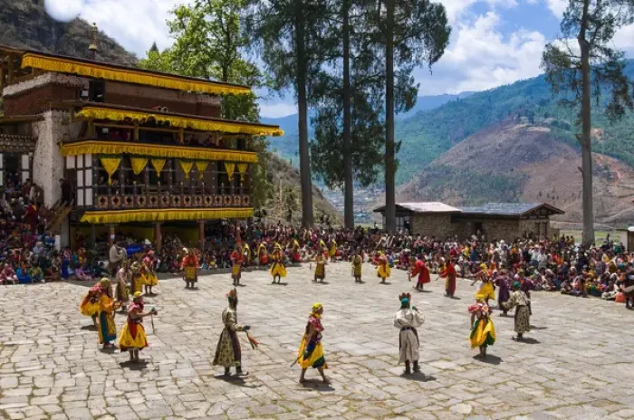 Framed Print : Costumed dancers at religious festivity with many visitors, Paro Tsechu, Bhutan Framed Print : Costumed dancers at religious festivity with many visitors, Paro Tsechu, Bhutan