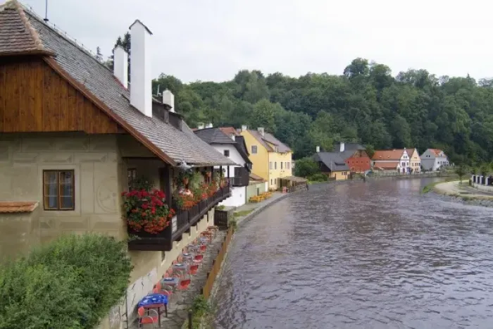 Framed Print : Cottages on Vitava River in Cesky Krumlov Czech Republic