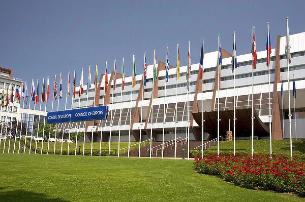 Council of Europe building and flags of member nations in Strasbourg, France