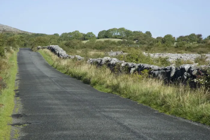 Framed Print : Country Highway, Ireland, Stone fence, road