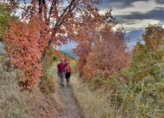 Framed Print : Couple on trail among fall foliage, above Bonneville Shoreline in Sandy, Uinta Wasatch Framed Print : Couple on trail among fall foliage, above Bonneville Shoreline in Sandy, Uinta Wasatch