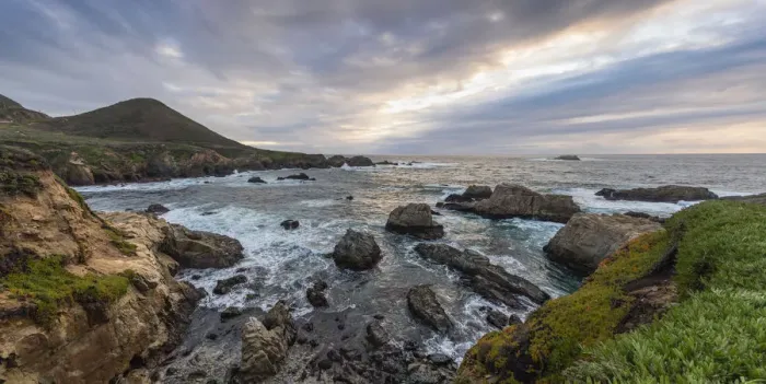 Framed Print : Cove of rocks and waves along Big Sur coastline with stormy skies Framed Print : Cove of rocks and waves along Big Sur coastline with stormy skies