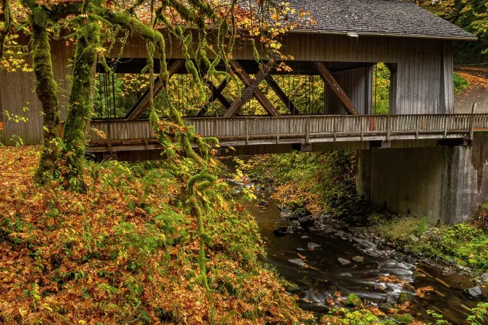 Framed Print : Covered bridge over Cedar Creek in Woodland, Washington State, USA