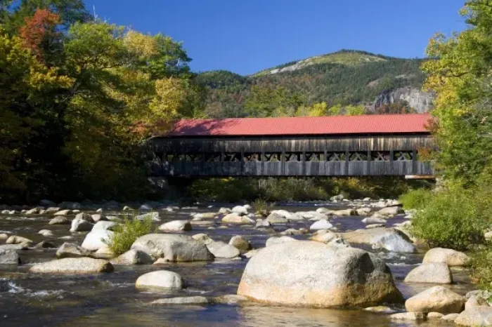 Framed Print : Covered bridge crossing the Swift River in the White Mountain National Forest at Albany