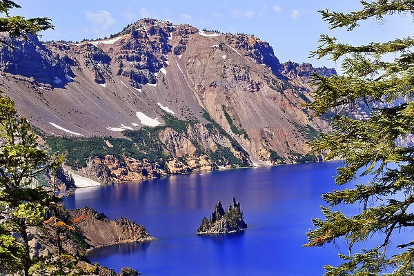 Crater Lake Reflection, Phantom Ship Island, Blue Sky Oregon Pacific Northwest