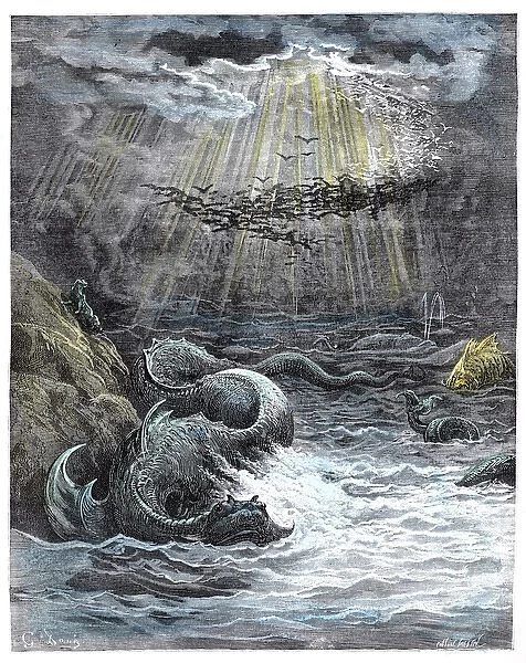 The Creation of Fish and Birds, Bible engraving by Dore, 19th cent. FRANCE