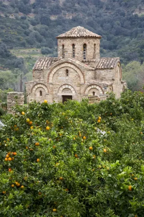 Framed Print : Crete. Greece. Europe. Grove of orange trees & Church of the Panayia. Byzantine church near Fodele Framed Print : Crete. Greece. Europe. Grove of orange trees & Church of the Panayia. Byzantine church near Fodele
