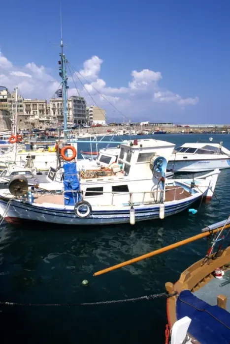 Framed Print : Crete port fishing boats in Heraklion Greece