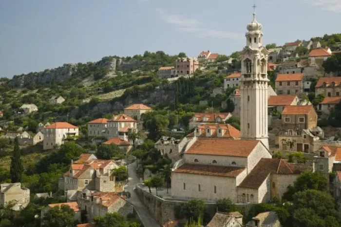 Framed Print : Croatia, Central Dalmatia, BRAC ISLAND, LOZISCA. Mountain Town View