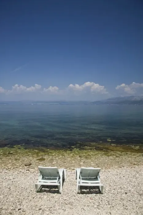 Framed Print : Croatia, Central Dalmatia, BRAC ISLAND, SUPETAR. Beach Chairs