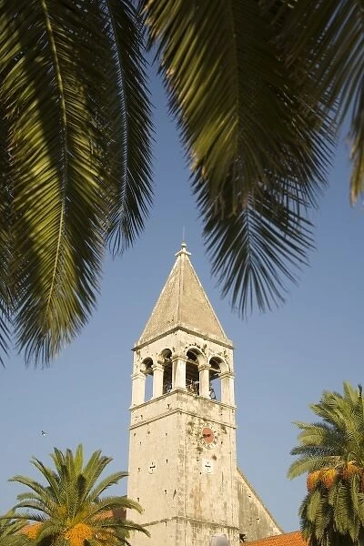 Croatia, Dalmatia, Trogir, a UNESCO World Heritage site. Bell tower of Church of St