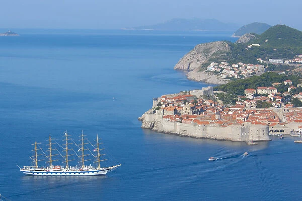 05. Croatia, Dubrovnik, aerial view of Medieval walled city and Royal Clipper