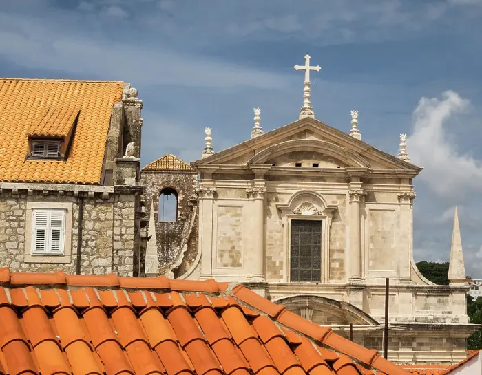 Framed Print : Croatia, Dubrovnik. Elevated view of the Dubrovnik Cathedral in old town Dubrovnik, a UNESCO World Heritage Site