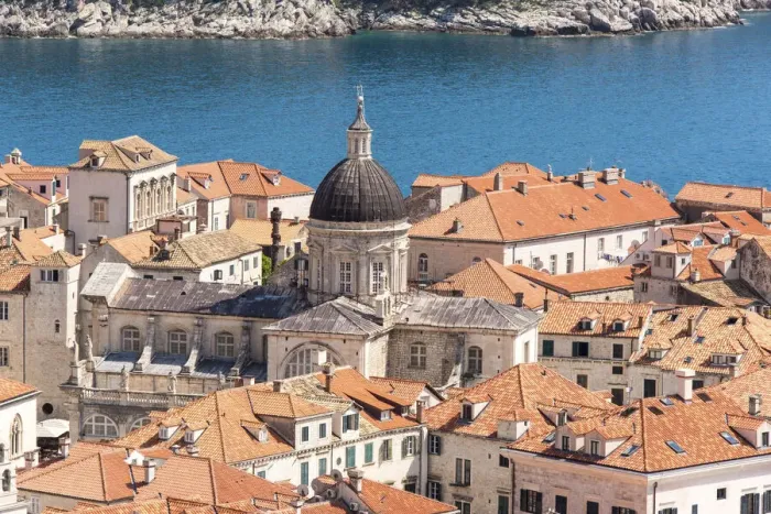 Framed Print : Croatia, Dubrovnik. Old City Cathedral, red tile roofs and Adriatic Framed Print : Croatia, Dubrovnik. Old City Cathedral, red tile roofs and Adriatic