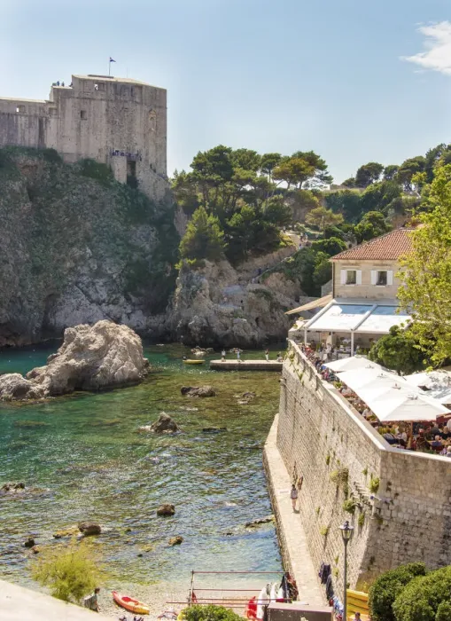 Framed Print : Croatia, Dubrovnik. Restaurant outside walled old city. St. Lawrence Fort Framed Print : Croatia, Dubrovnik. Restaurant outside walled old city. St. Lawrence Fort