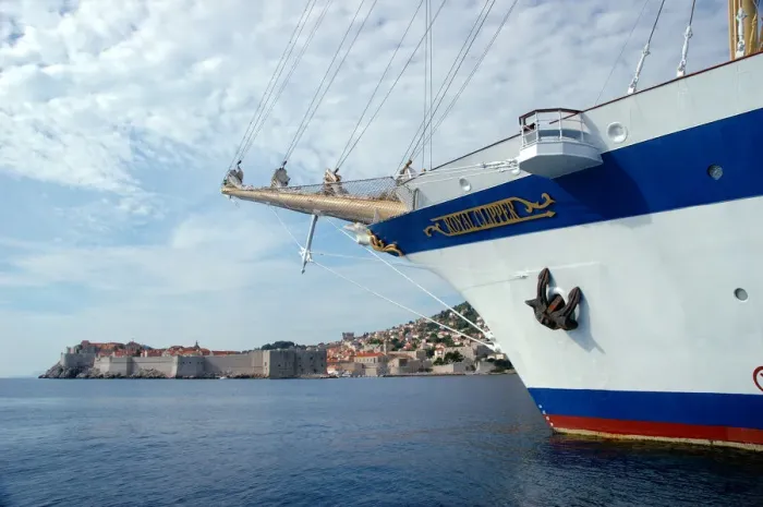 Framed Print : 05. Croatia, Dubrovnik, Royal Clipper in harbor with view of Old Town 