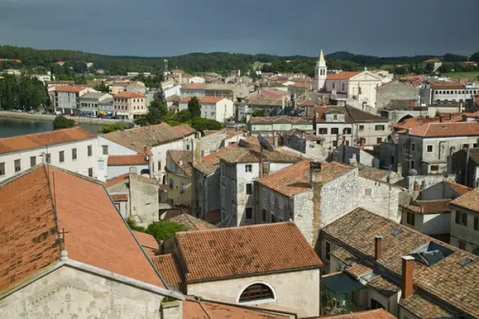 Framed Print : CROATIA, Istria, POREC. Town View from the Euphrasian Basilica (b. 6th century) tower