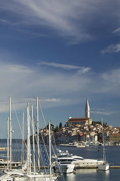 CROATIA, Istria, ROVINJ. ROVINJ harbor view with Cathedral of St. Euphemia  /  Morning