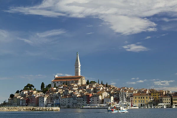 CROATIA, Istria, ROVINJ. ROVINJ harbor view with Cathedral of St. Euphemia  /  Morning