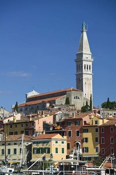 Croatia, Istria, ROVINJ. ROVINJ harbor view with Cathedral of St. Euphemia  /  Morning