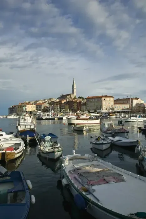 Framed Print : CROATIA, Istria, ROVINJ. ROVINJ harbor view with Cathedral of St. Euphemia  /  Morning