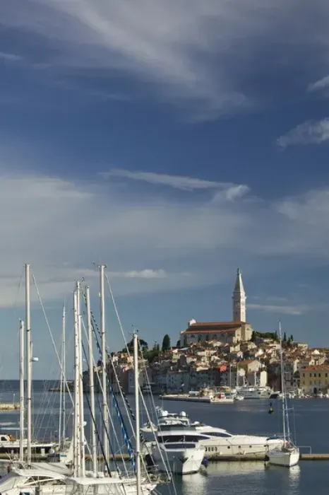 Framed Print : CROATIA, Istria, ROVINJ. ROVINJ harbor view with Cathedral of St. Euphemia  /  Morning