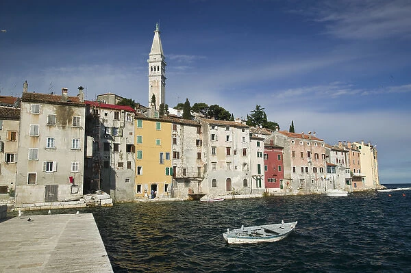 CROATIA, Istria, ROVINJ. ROVINJ waterfront view with Cathedral of St. Euphemia  /  Morning
