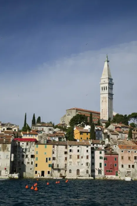 Framed Print : CROATIA, Istria, ROVINJ. ROVINJ waterfront view with Cathedral of St. Euphemia  /  Morning