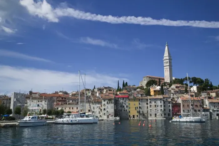 Framed Print : CROATIA, Istria, ROVINJ. ROVINJ waterfront view with Cathedral of St. Euphemia  /  Morning