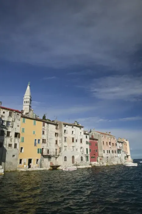 Framed Print : CROATIA, Istria, ROVINJ. ROVINJ waterfront view with Cathedral of St. Euphemia  /  Morning