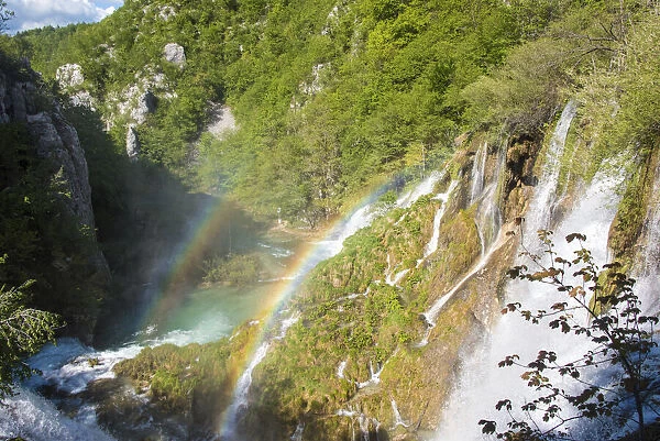 Croatia, Plitvice National Park. Double rainbow lower falls