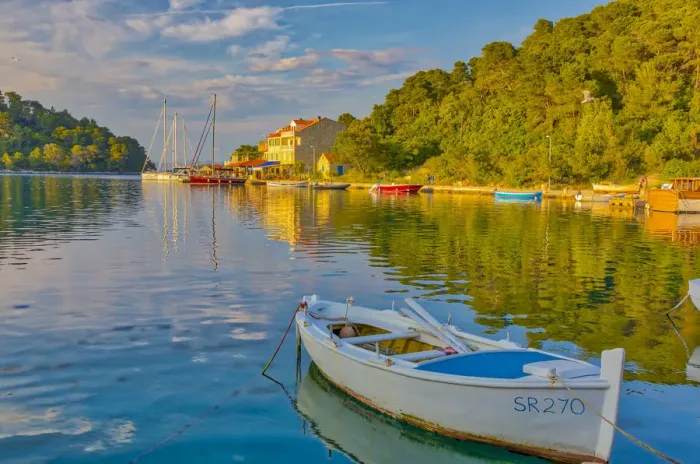 Framed Print : Croatia, Pomena. Sunset on harbor and Island of Miljet Framed Print : Croatia, Pomena. Sunset on harbor and Island of Miljet