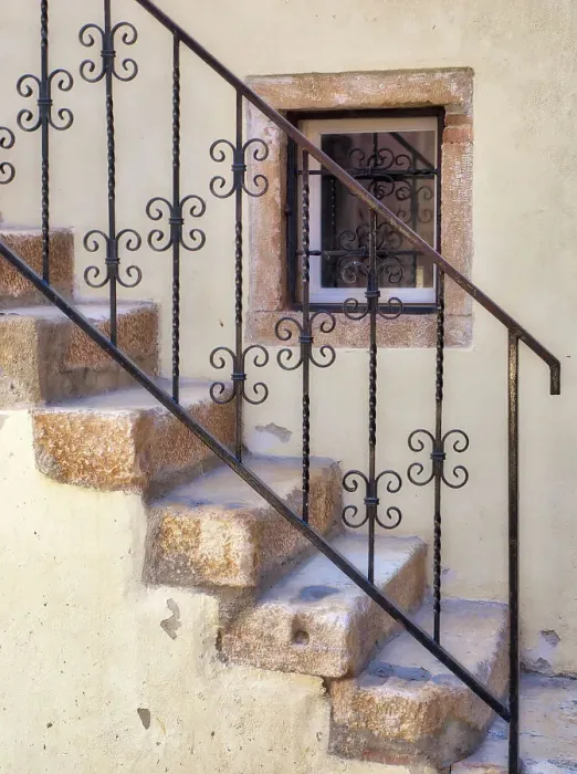 Framed Print : Croatia, Rovinj, Istria. Stairs and wrought iron railing leading to a home Framed Print : Croatia, Rovinj, Istria. Stairs and wrought iron railing leading to a home