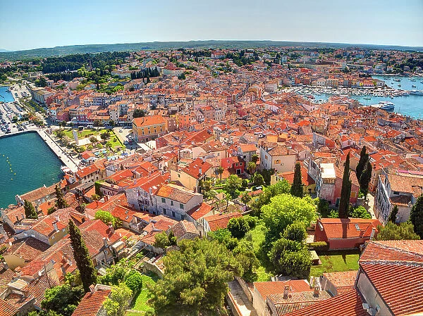 Croatia, Rovinj, Istria. Town of Rovinj and harbor taken from the tower of the Cathedral of St. Euphemia