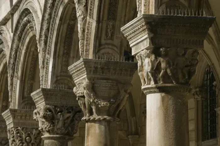 Framed Print : CROATIA, Southern Dalmatia, DUBROVNIK. Old Town DUBROVNIK, columns of the Sponza Palace