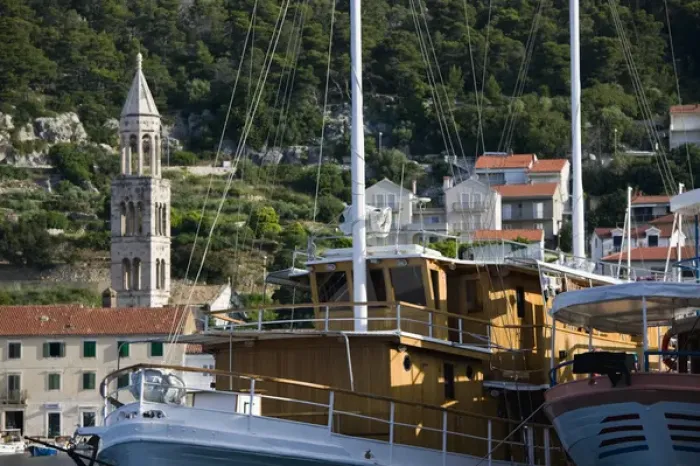 Framed Print : CROATIA, Southern Dalmatia, Hvar Island, Hvar Town. Hvar Yacht Harbor