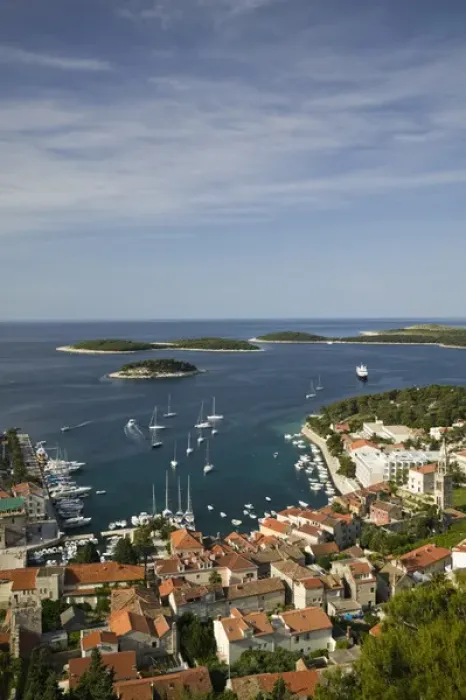 Framed Print : CROATIA, Southern Dalmatia, Hvar Island, Hvar Town. Hvar Yacht Harbor from Fortress