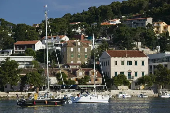 Framed Print : CROATIA, Southern Dalmatia, Hvar Island, Hvar Town. Hvar Yacht Harbor